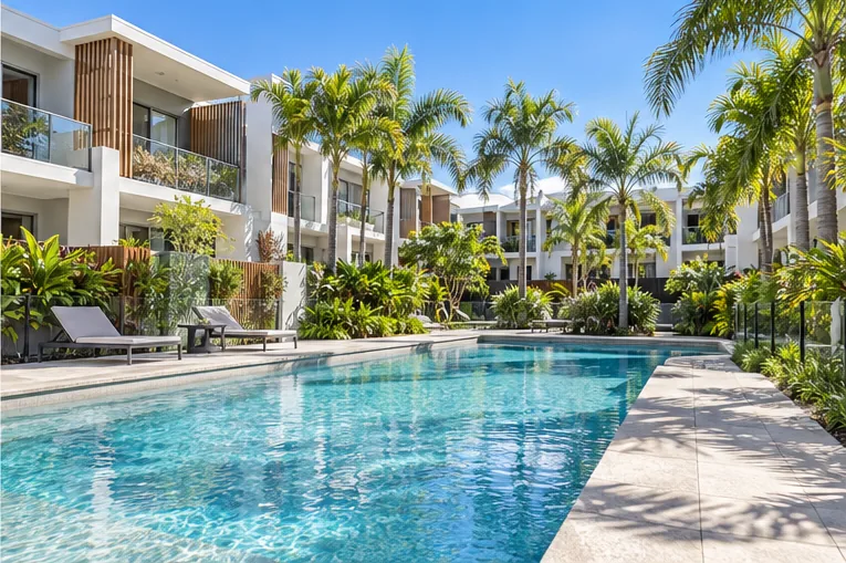 Landscaped residential complex with pool