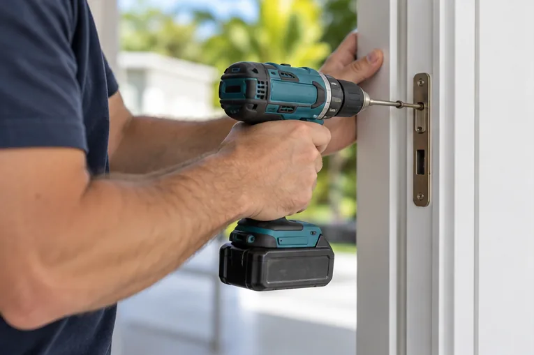 Maintenance worker repairing a door frame